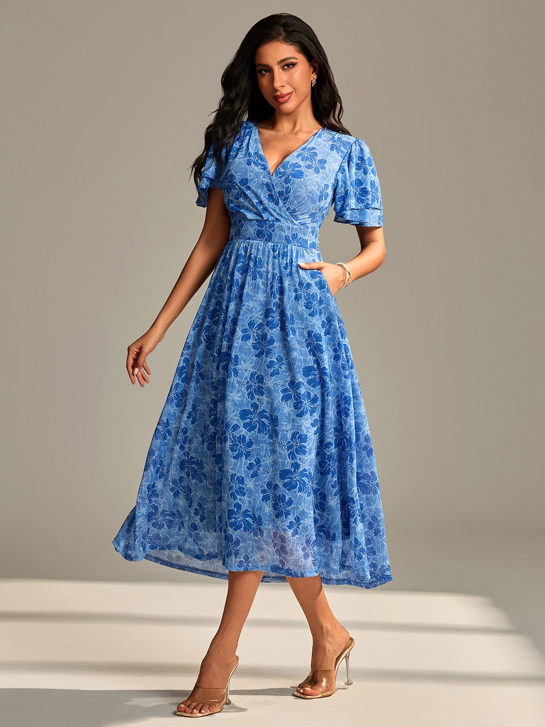 Product image 6 of 6, which shows Jolie Moi Flutter Sleeve Mesh Maxi Dress, Blue Abstract, 8