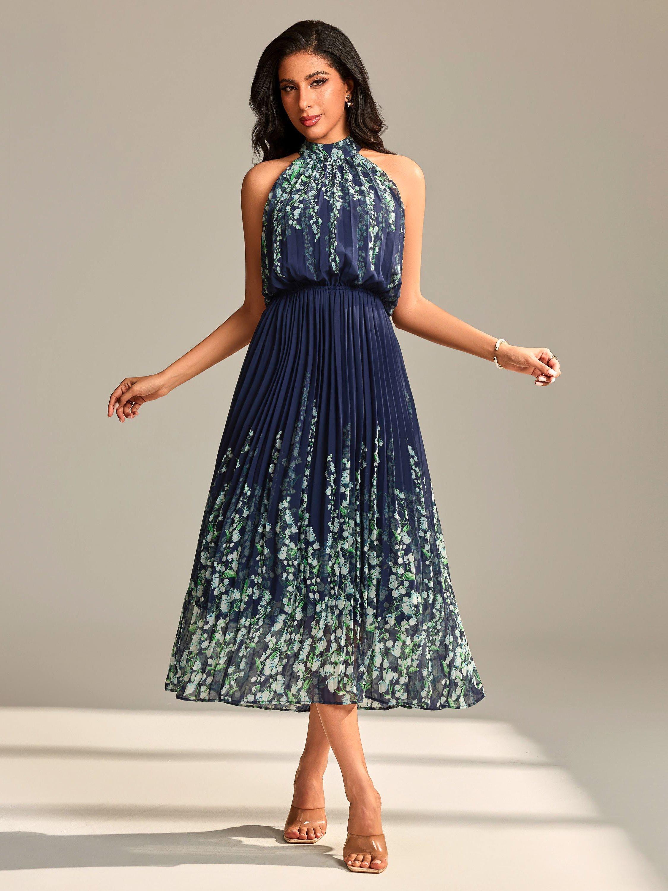Jolie Moi Floral Chiffon Halterneck Maxi Dress, Navy Multi