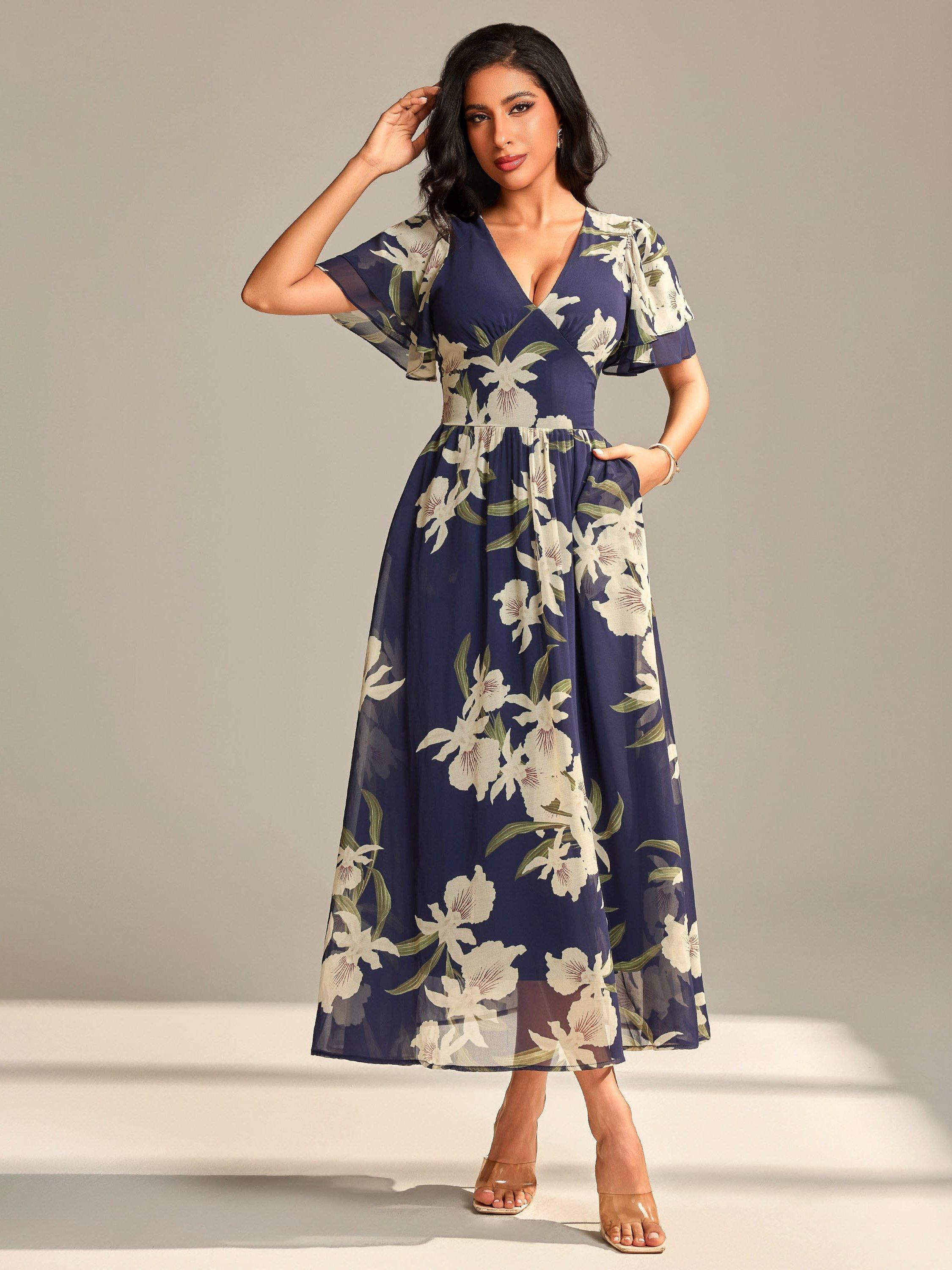 Jolie Moi Floral Chiffon Maxi Dress, Navy Floral