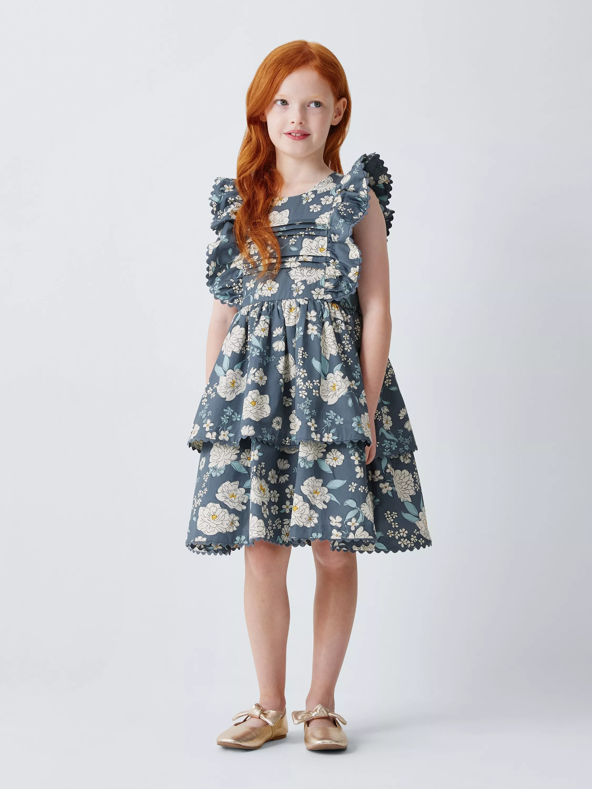 John Lewis Heirloom Collection Kids' Floral Tiered Party Dress, China Blue