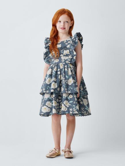 John Lewis Heirloom Collection Kids' Floral Tiered Party Dress, China Blue, China Blue