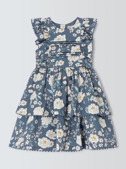 John Lewis Heirloom Collection Kids' Floral Tiered Party Dress, China Blue, China Blue