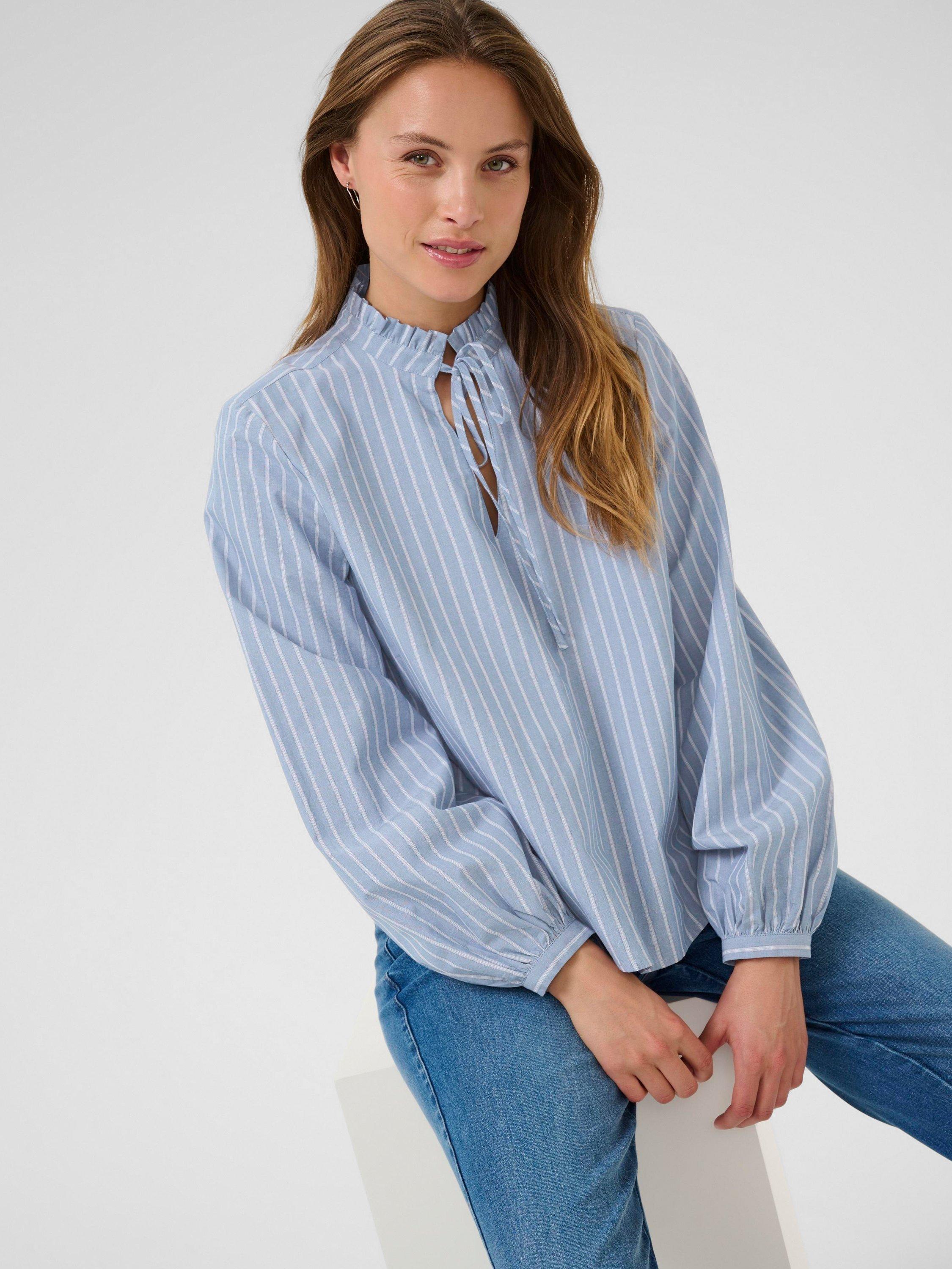 Product image 4 of 6, which shows KAFFE KAmilina Stripe Cotton Blouse, Blue/Multi, 8