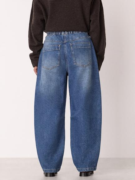 Whistles Petite Elasticated Waist Barrel Leg Jeans, Blue - view 2, Blue
