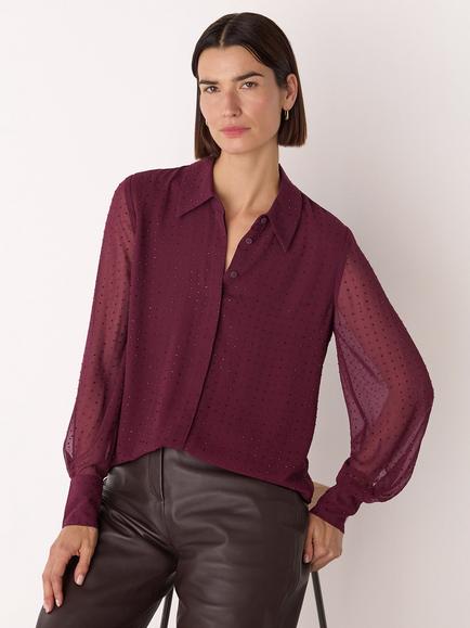 Whistles Embellished Sheer Sleeve Shirt, Burgundy, Burgundy