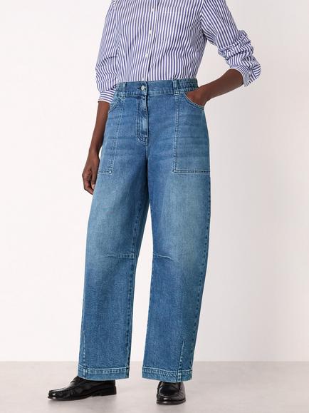 Whistles Elasticated Waist Barrel Leg Jeans, Blue, Blue