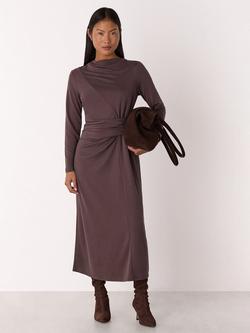 Whistles Petite Ruched Long Sleeve Cowl Neck Midi Dress, Chocolate