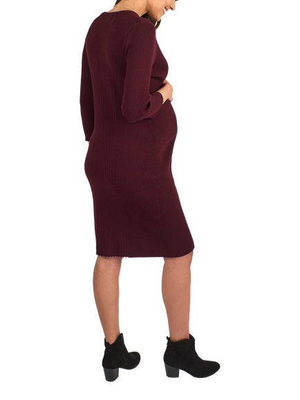 JoJo Maman Bébé Ribbed Mini Maternity & Nursing Dress, Wine - view 2, Wine