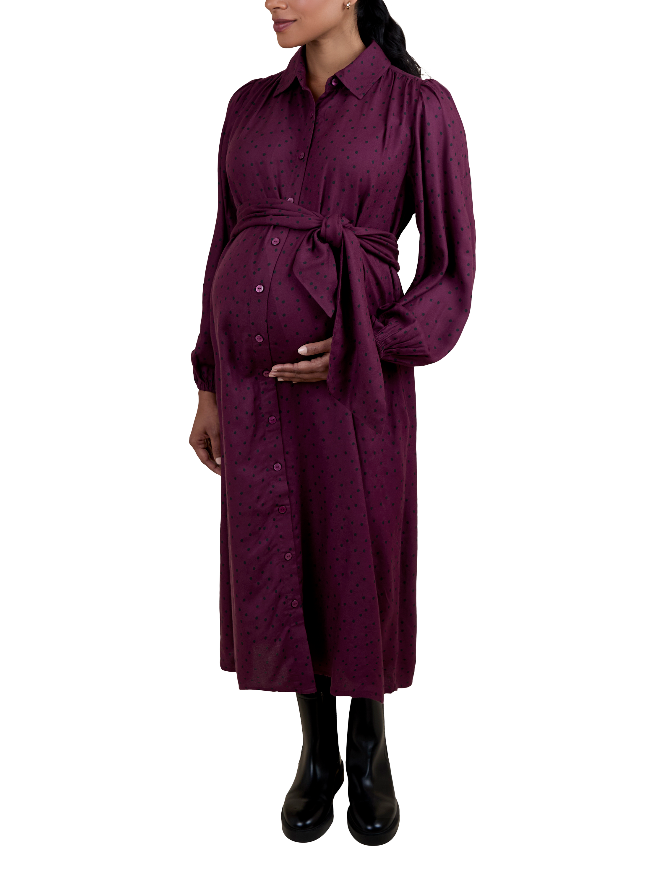 Product image 1 of 5, which shows JoJo Maman Bébé Abstract Spot Maternity Dress, Wine, S