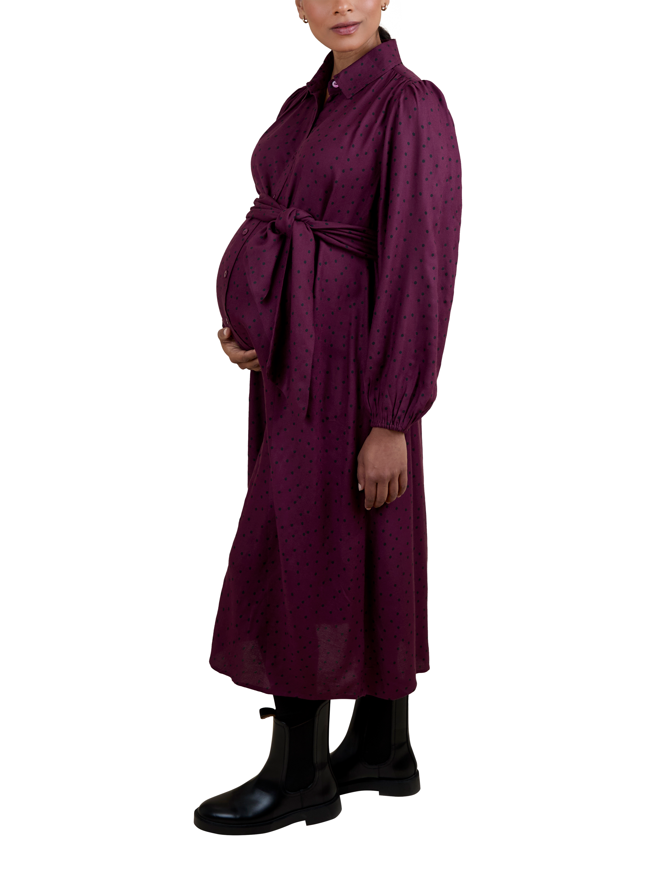 Product image 2 of 5, which shows JoJo Maman Bébé Abstract Spot Maternity Dress, Wine, S