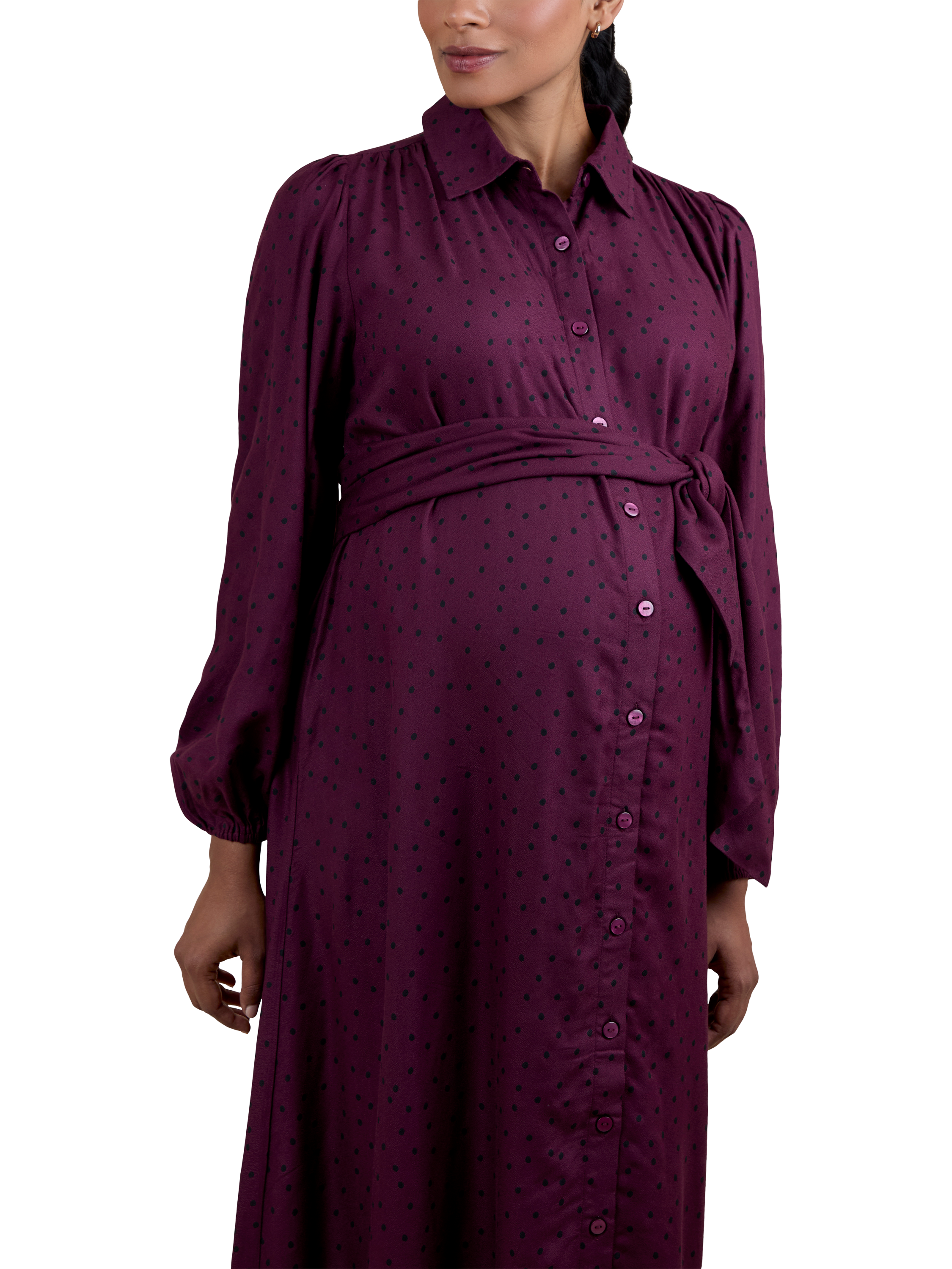 Product image 3 of 5, which shows JoJo Maman Bébé Abstract Spot Maternity Dress, Wine, S