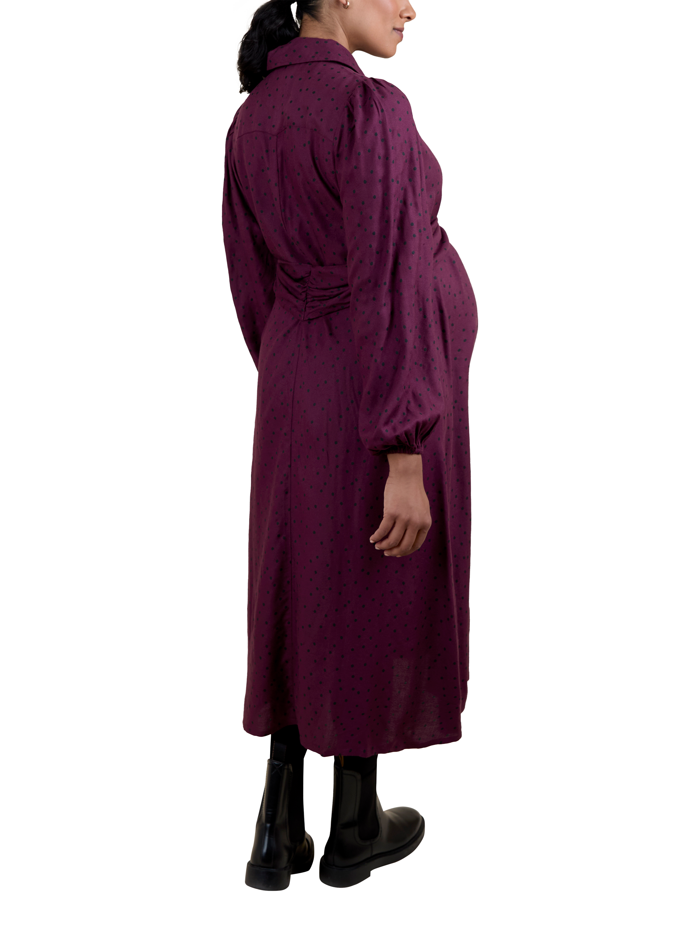 Product image 4 of 5, which shows JoJo Maman Bébé Abstract Spot Maternity Dress, Wine, S