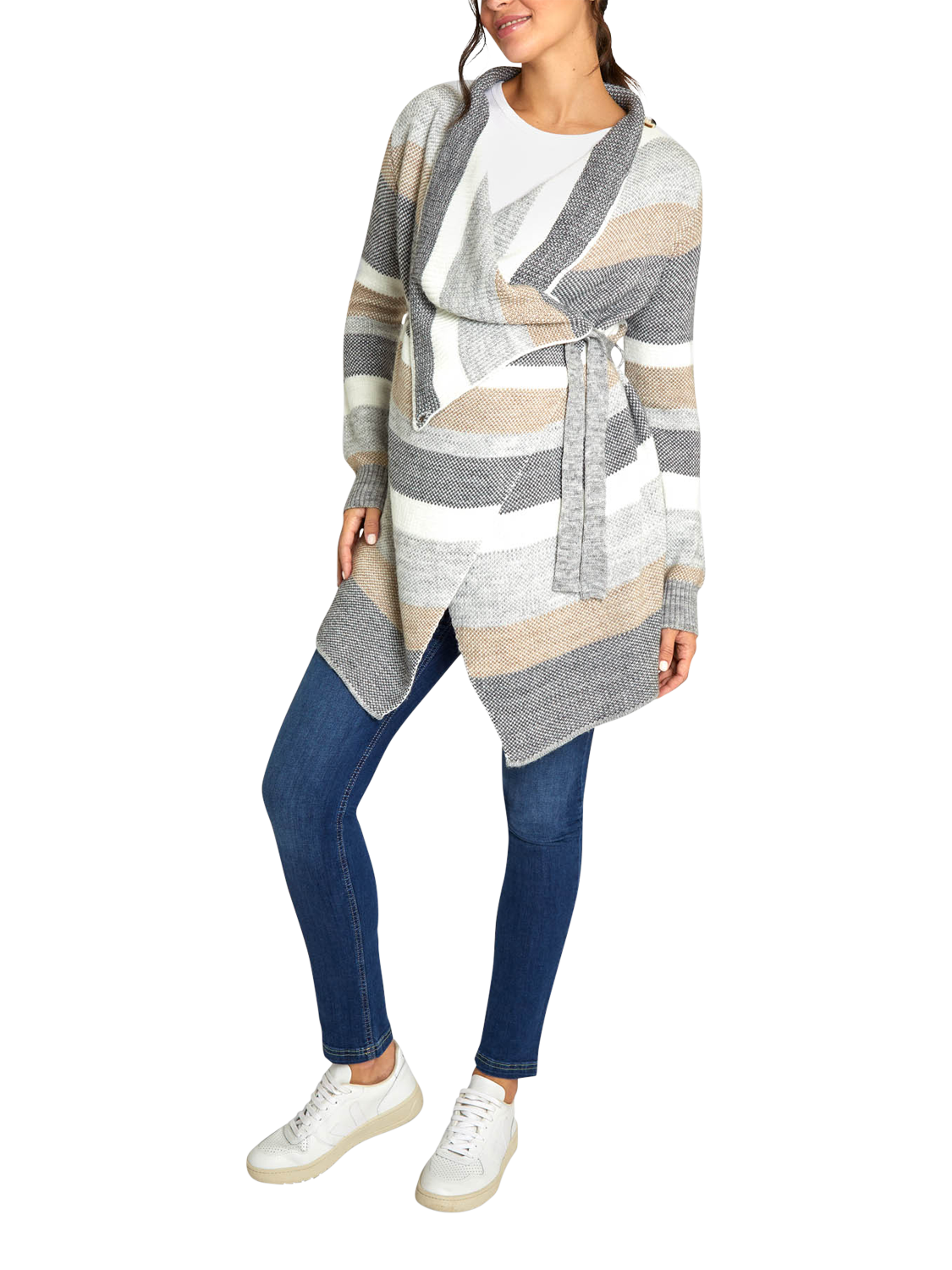 Product image 2 of 4, which shows JoJo Maman Bébé Stripe Wrap Maternity Cardigan, Grey, S