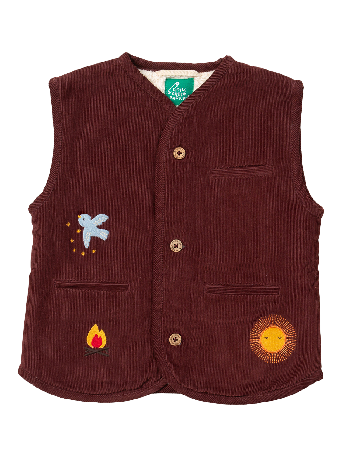 Product image 1 of 5, which shows Little Green Radicals Kids' Reversible Fleece Gilet, Chocolate, 2-3 years