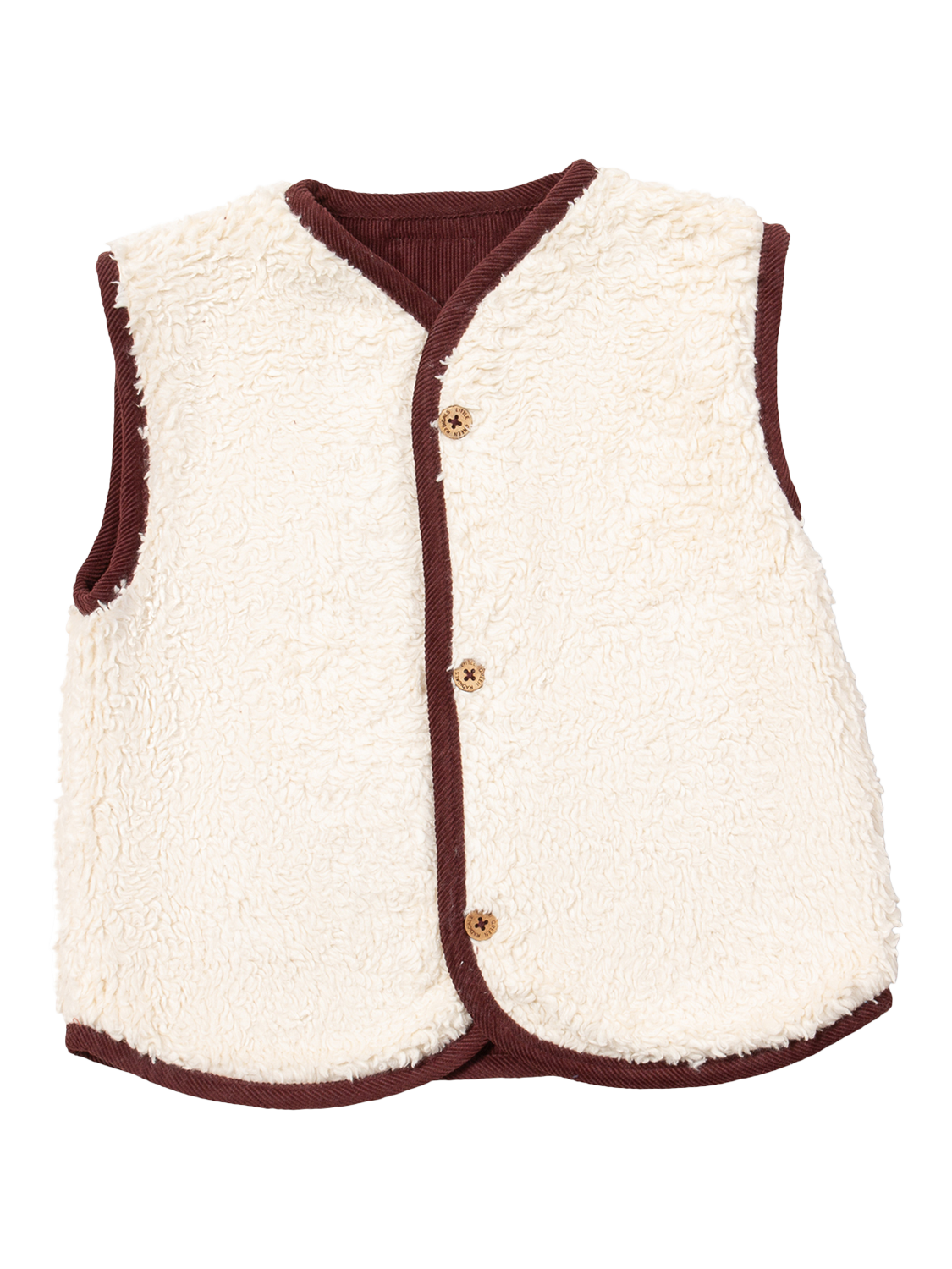 Product image 2 of 5, which shows Little Green Radicals Kids' Reversible Fleece Gilet, Chocolate, 2-3 years