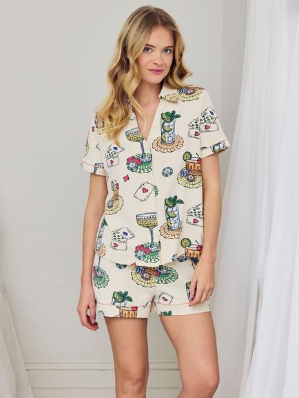 Chelsea Peers Socialite Soirée Organic Cotton Button Down Short Pyjama Set, Off White, Off White