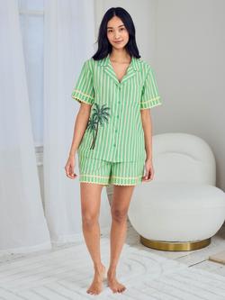 Chelsea Peers Stripe Palm Tree Button Down Short Pyjama Set, Green - view 2, Green