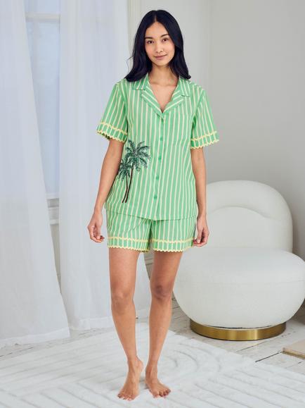 Chelsea Peers Stripe Palm Tree Button Down Short Pyjama Set, Green - view 2, Green