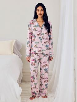 Chelsea Peers Lounging Leopards Button Down Long Pyjama Set containing TENCEL™ Modal, Pink, Pink