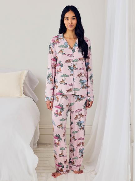 Chelsea Peers Lounging Leopards Button Down Long Pyjama Set containing TENCEL™ Modal, Pink, Pink