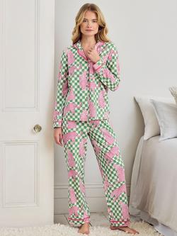 Chelsea Peers Check Leopards Button Down Long Pyjama Set, Green, Green