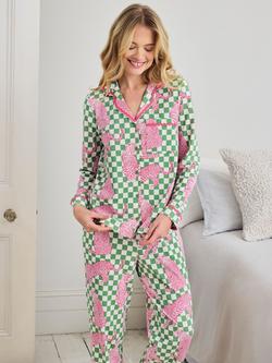 Chelsea Peers Check Leopards Button Down Long Pyjama Set, Green - view 2, Green