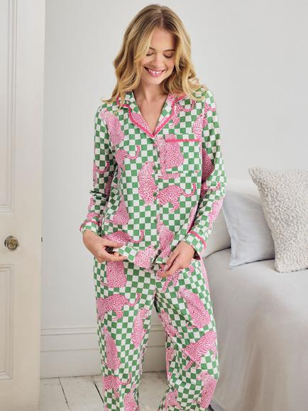 Chelsea Peers Check Leopards Button Down Long Pyjama Set, Green - view 2, Green