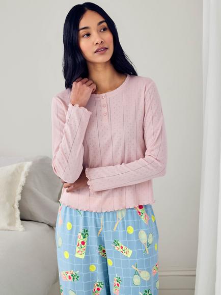 Chelsea Peers Tennis Cocktails Pointelle Long Pyjama Set, Blue - view 2, Blue