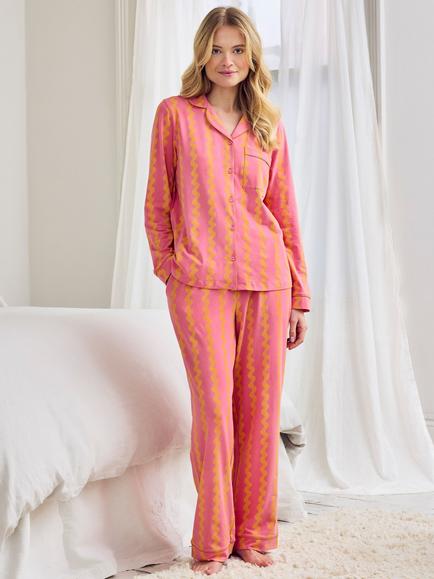 Chelsea Peers Sunset Wavy Stripe Button Down Long Pyjama Set, Pink/Orange, Pink/Orange