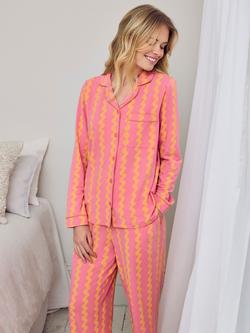 Chelsea Peers Sunset Wavy Stripe Button Down Long Pyjama Set, Pink/Orange - view 2, Pink/Orange
