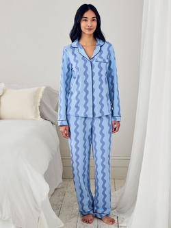 Chelsea Peers Wiggle Stripe Button Down Long Pyjama Set, Blue, Blue