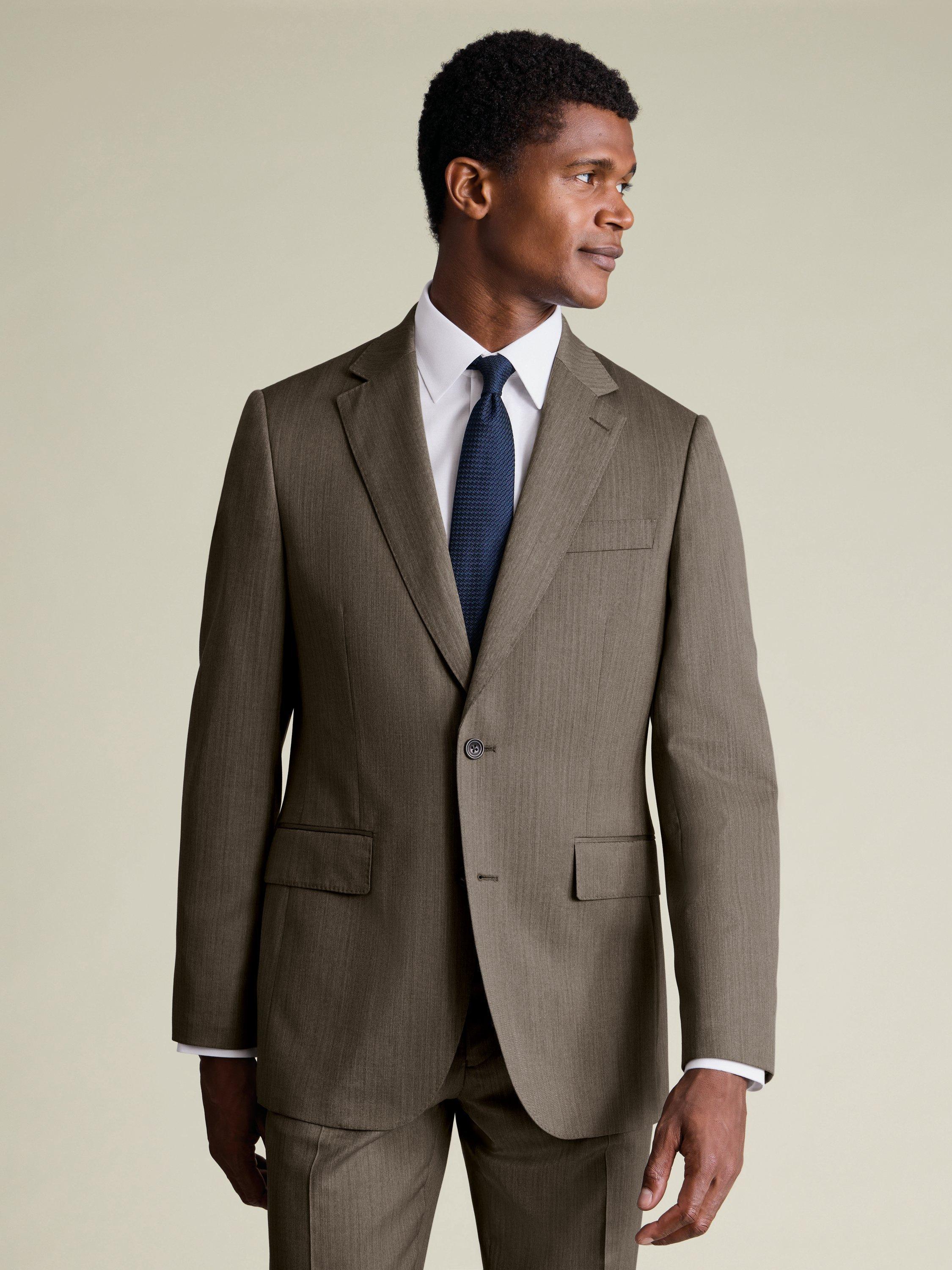 Product image 1 of 4, which shows Charles Tyrwhitt Regular Fit Single Breasted Herringbone Wool Blazer, Mocha, 36R