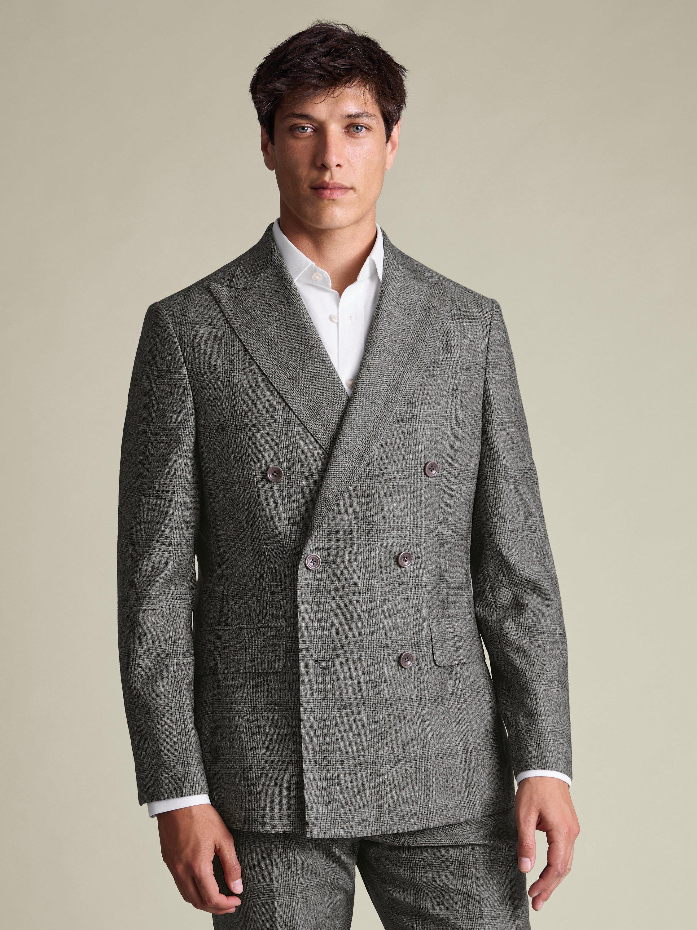 Product image 1 of 5, which shows Charles Tyrwhitt Regular Fit Double Breasted Check Wool Blazer, Grey, 36R