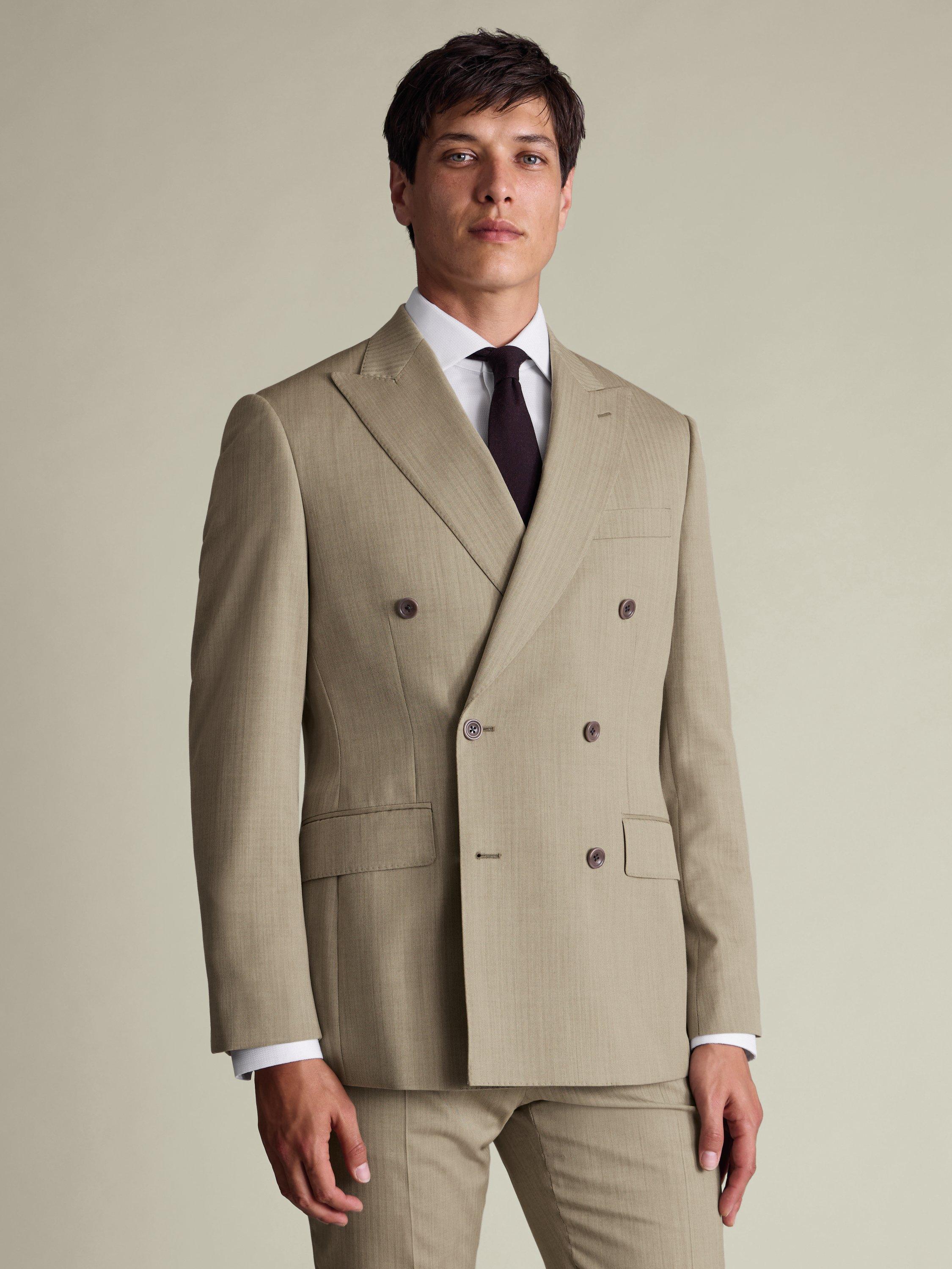 Product image 1 of 4, which shows Charles Tyrwhitt Regular Fit Double Breasted Herringbone Wool Blazer, Stone, 36R