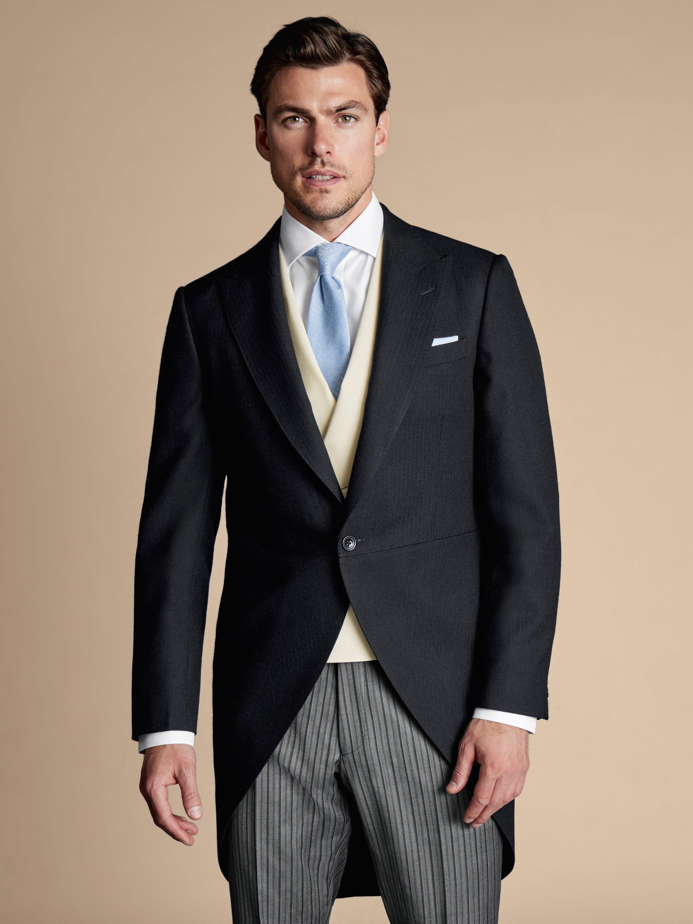 Product image 1 of 4, which shows Charles Tyrwhitt Single Breasted Herringbone Wool Morning Coat, Black, 36R