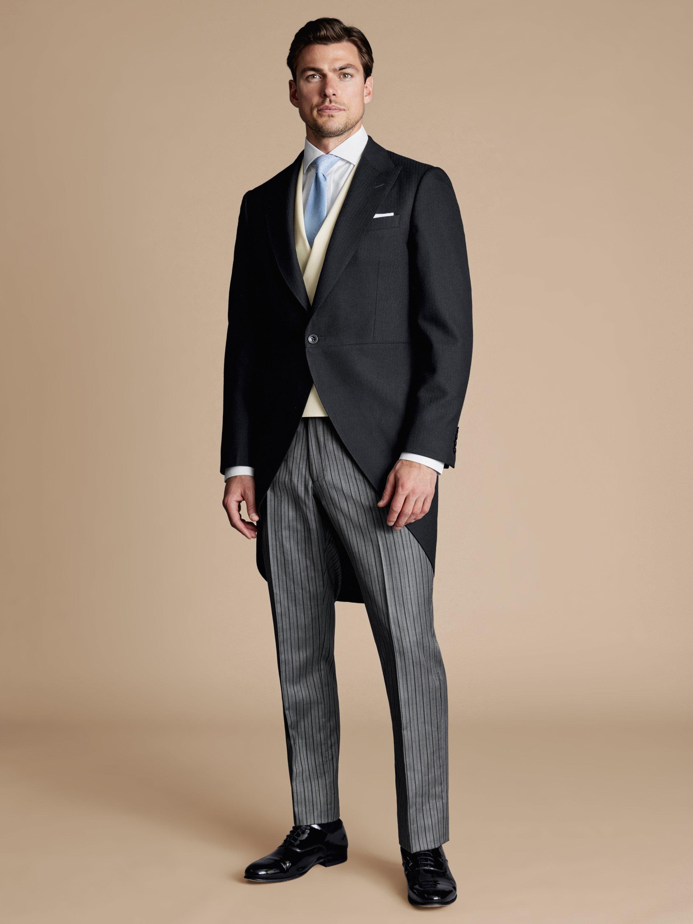 Product image 4 of 4, which shows Charles Tyrwhitt Single Breasted Herringbone Wool Morning Coat, Black, 36R