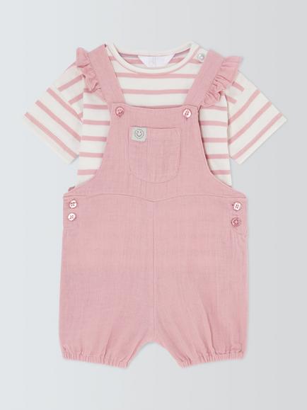 John Lewis Baby Muslin Bibshorts & Top Set, Pink, Pink