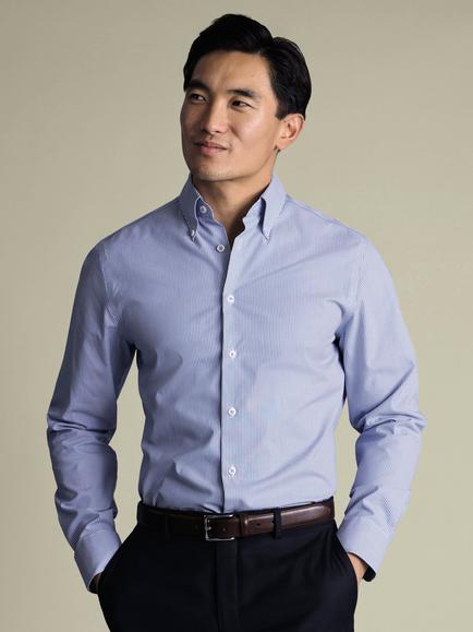 Charles Tyrwhitt Regular Fit Button Down Collar Stripe Cotton Shirt, Cobalt Blue, Cobalt Blue