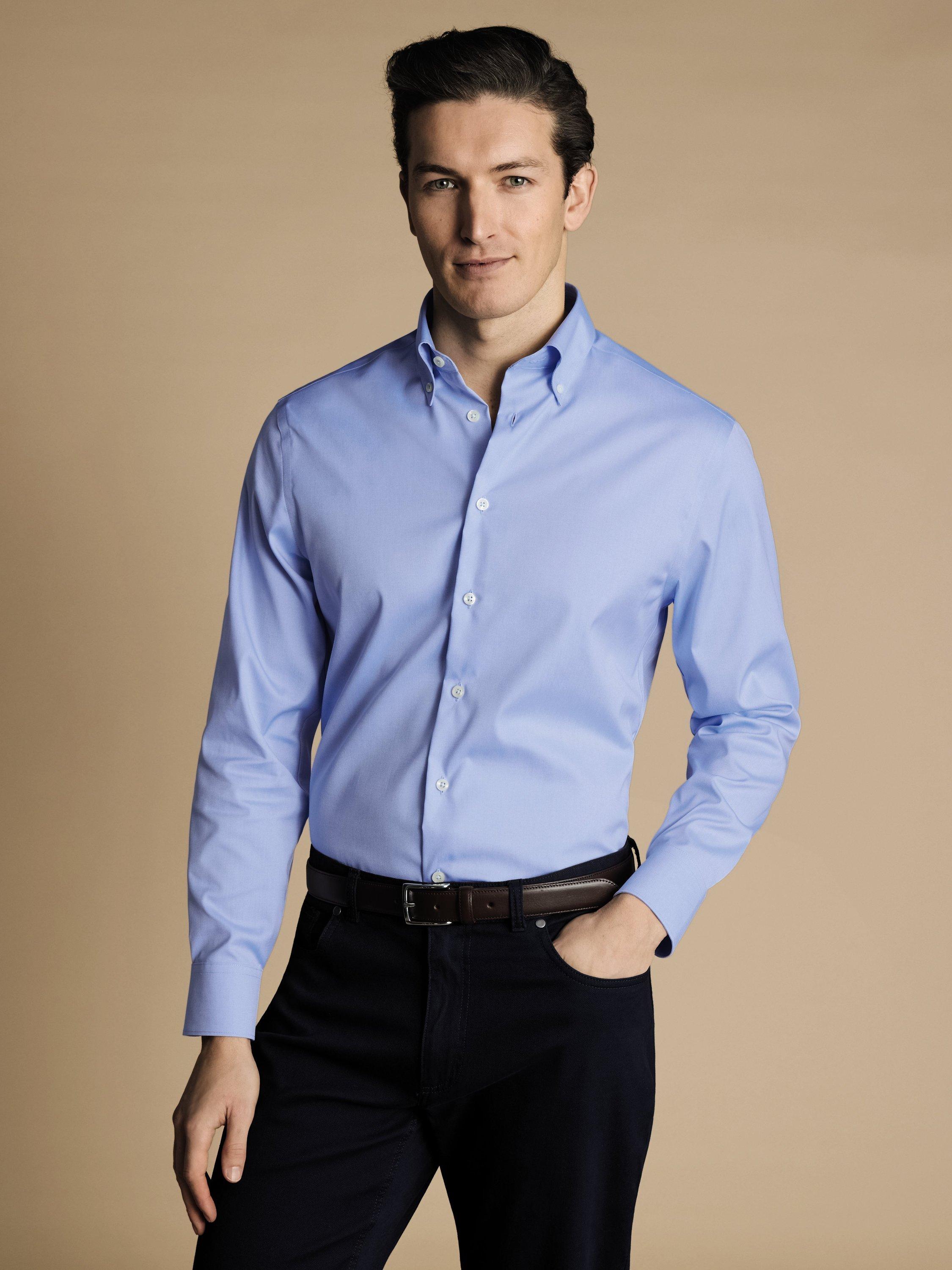 Product image 1 of 6, which shows Charles Tyrwhitt Regular Fit Button Down Collar Cotton Shirt, Sky Blue, 15.5/34