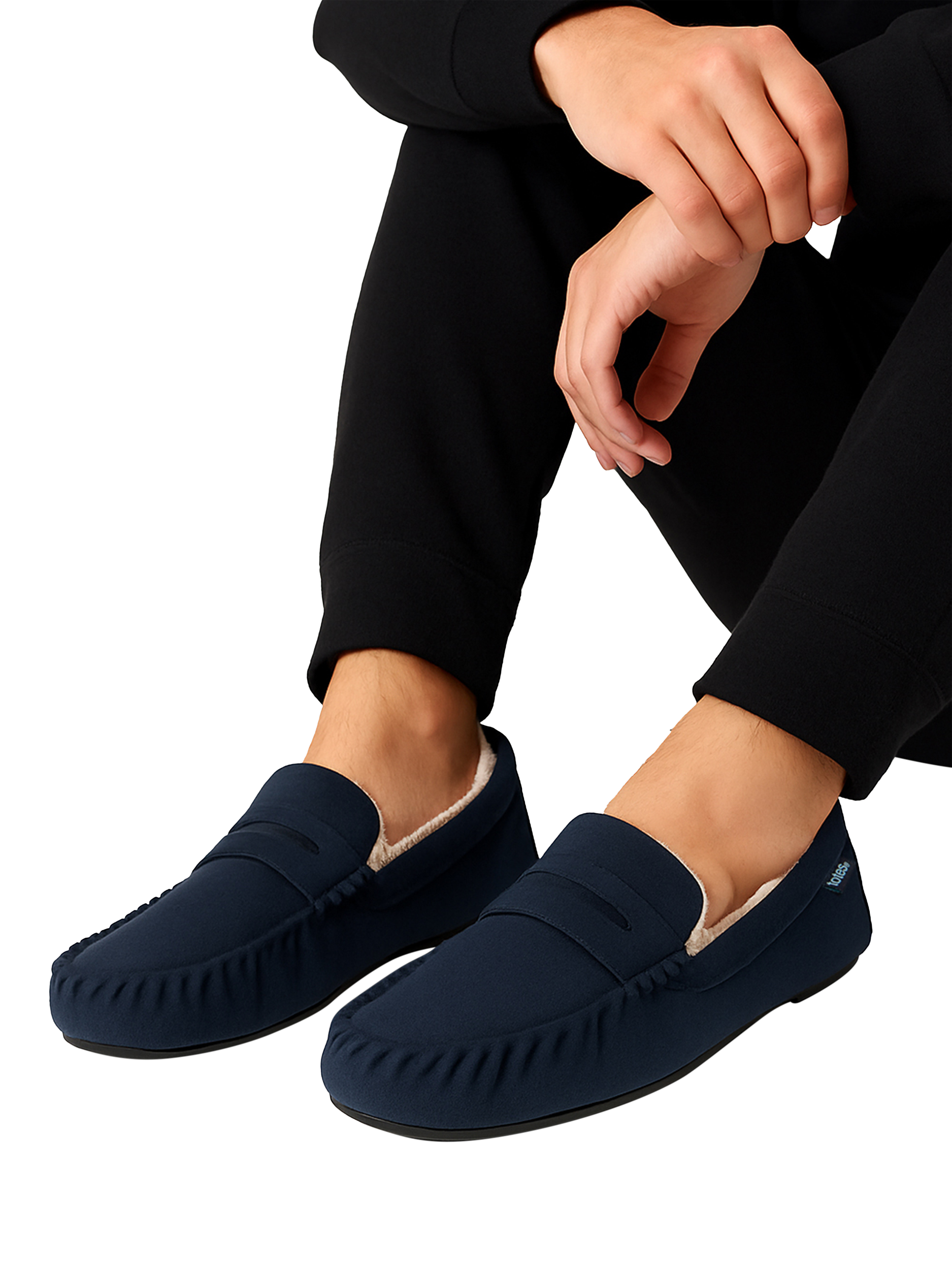Product image 2 of 8, which shows totes Moccasin Suedette Slippers, Navy, L