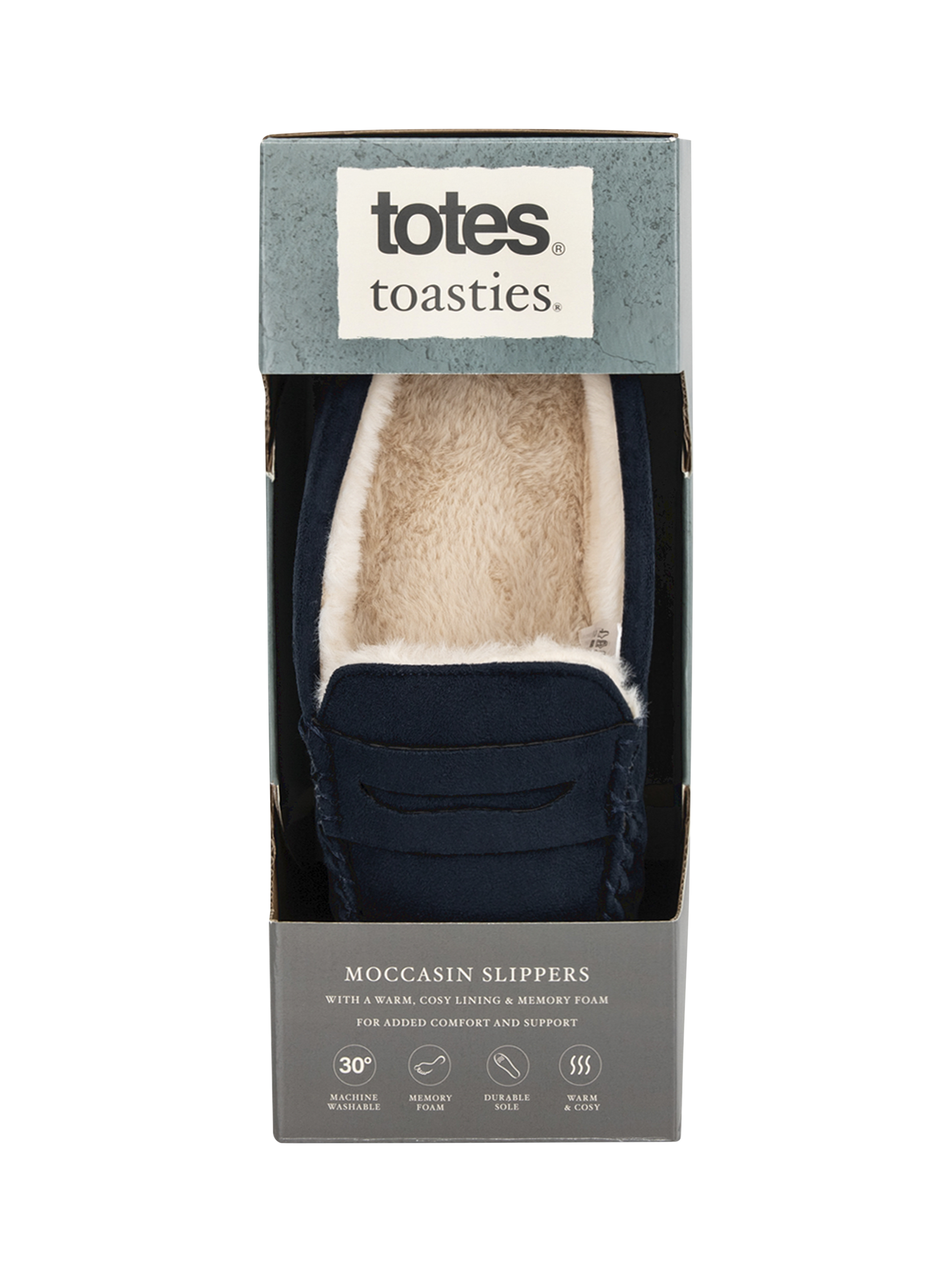 Product image 8 of 8, which shows totes Moccasin Suedette Slippers, Navy, L