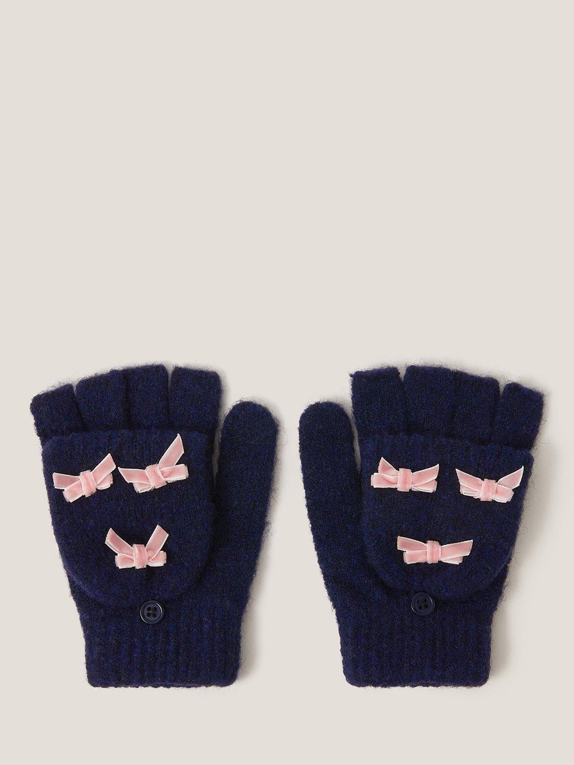 Product image 1 of 2, which shows Monsoon Kids' Bow Fingerless Gloves, Navy, 3-6 years