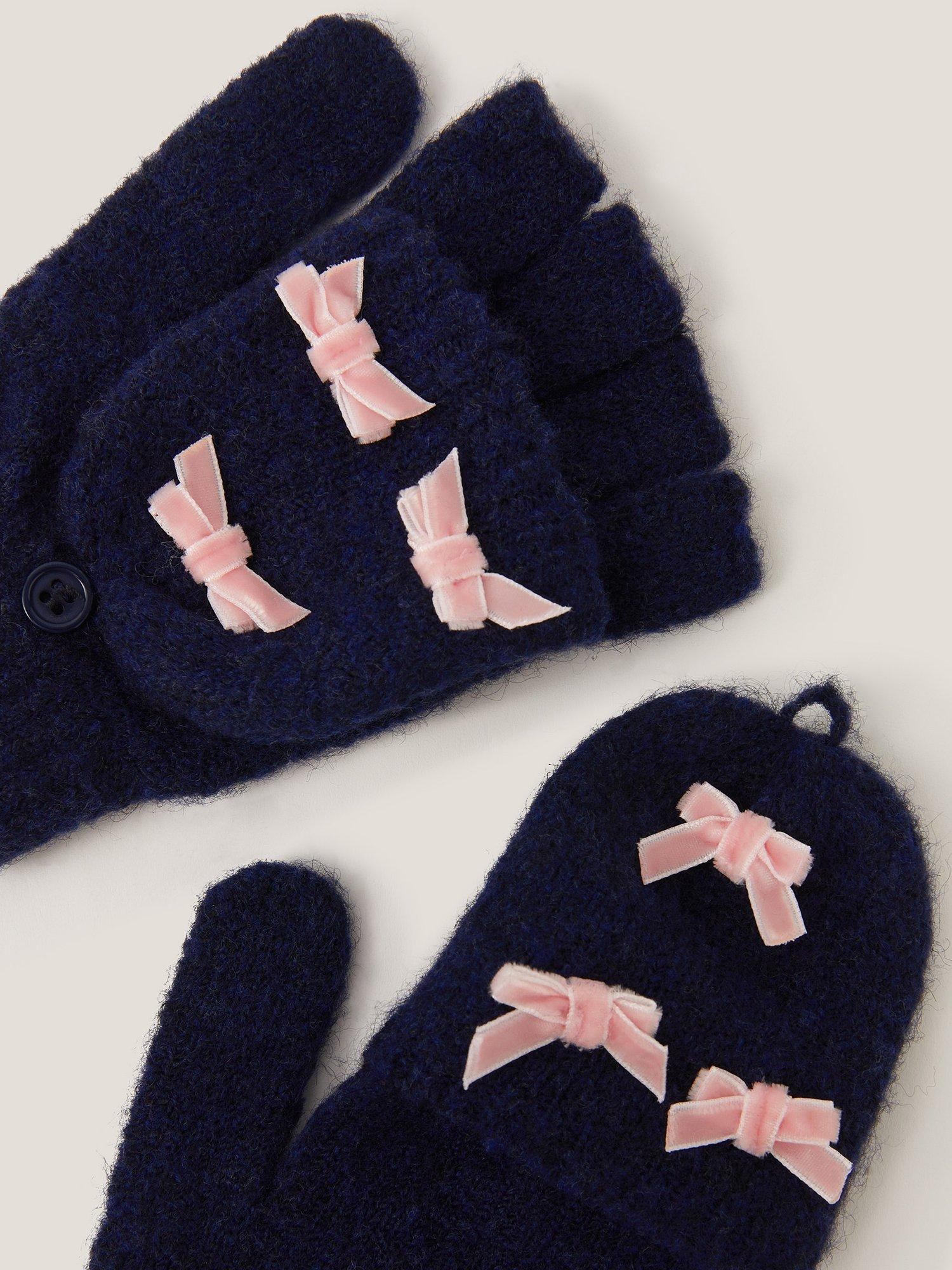 Product image 2 of 2, which shows Monsoon Kids' Bow Fingerless Gloves, Navy, 3-6 years