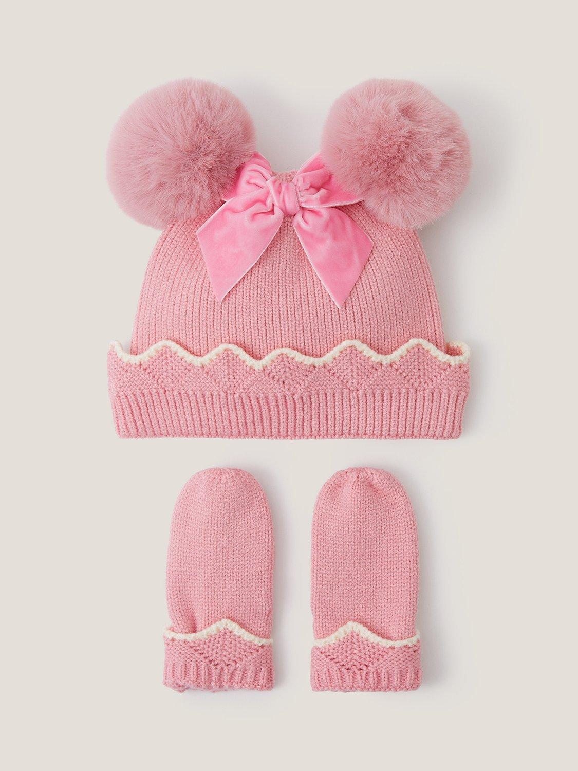 Product image 1 of 3, which shows Monsoon Baby Hat and Mittens Set, Pink, 0-6 months