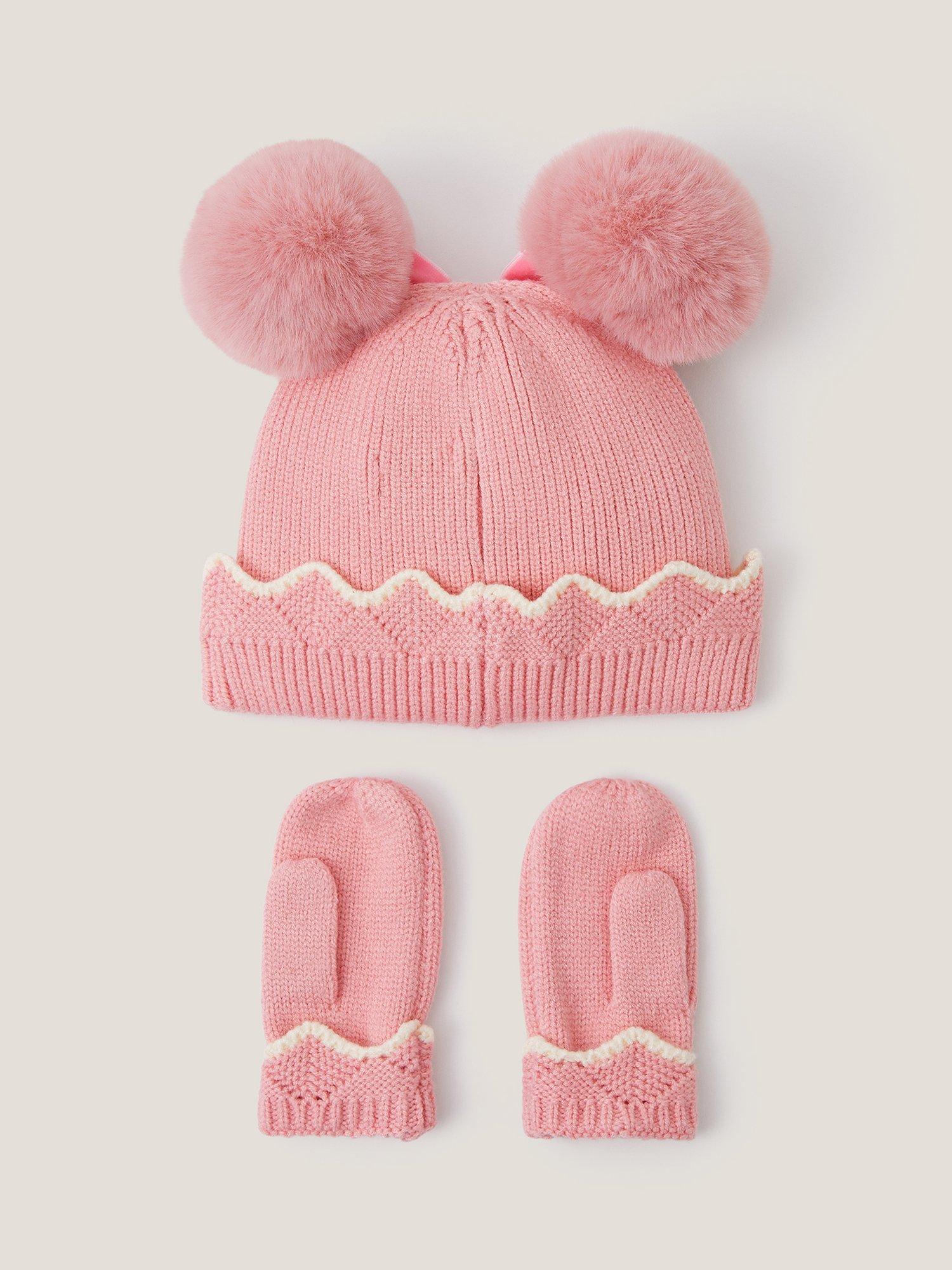 Product image 2 of 3, which shows Monsoon Baby Hat and Mittens Set, Pink, 0-6 months