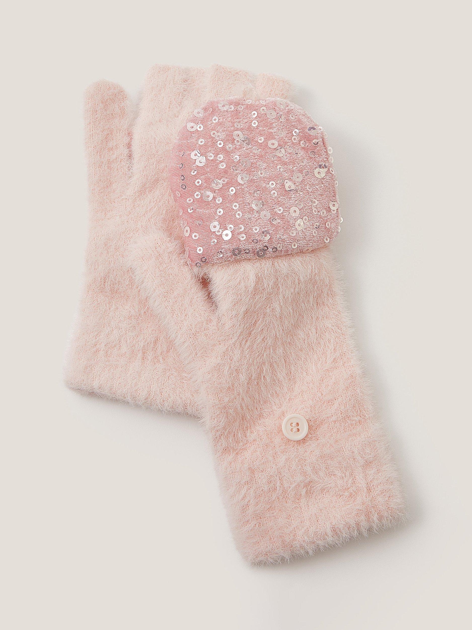 Product image 2 of 2, which shows Monsoon Kids' Fuzzy Sequin Gloves, Pink, 3-6 years