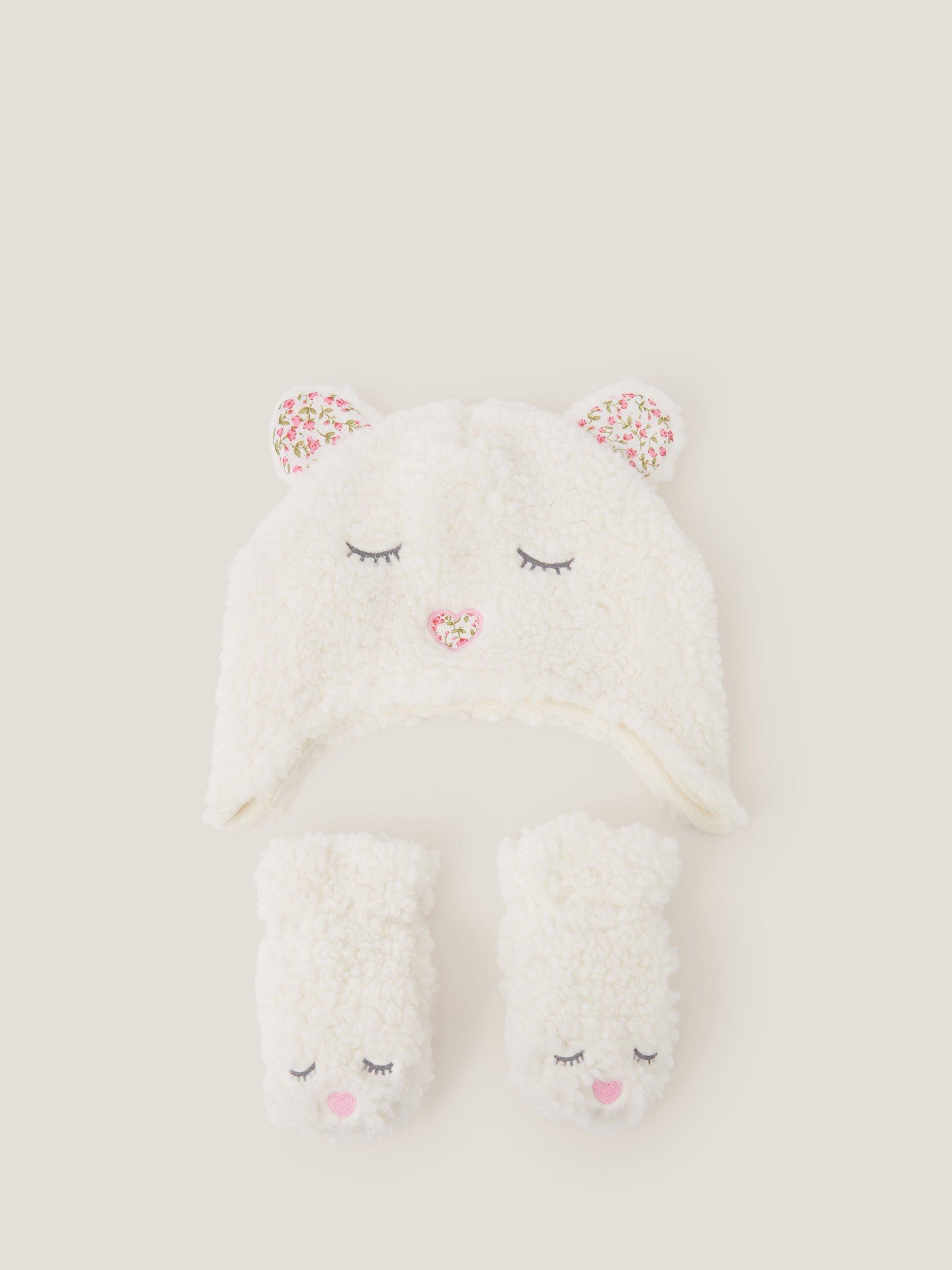 Product image 1 of 3, which shows Monsoon Baby Borg Bear Hat and Mitten Set, Ivory, 0-6 months