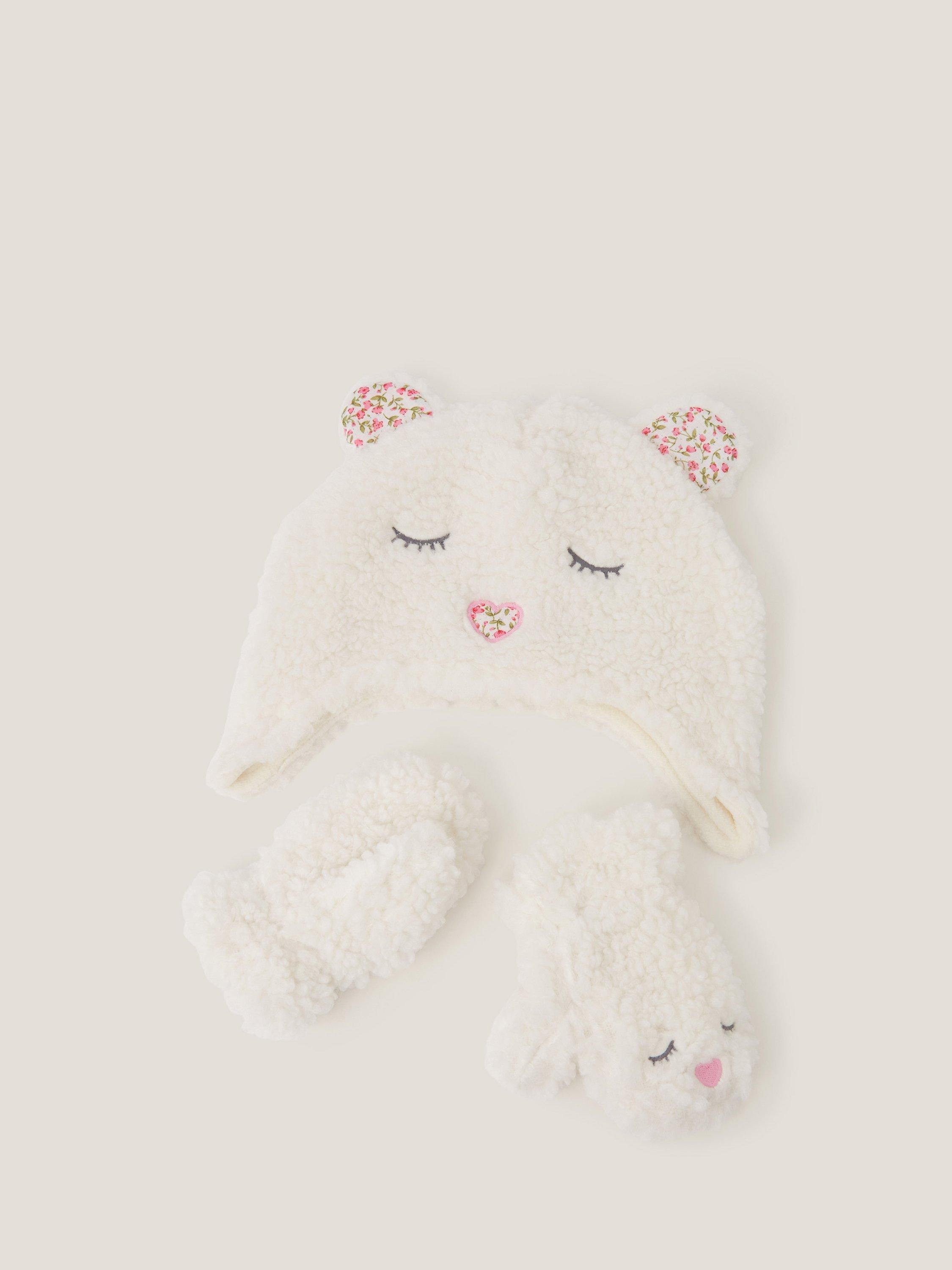 Product image 3 of 3, which shows Monsoon Baby Borg Bear Hat and Mitten Set, Ivory, 0-6 months