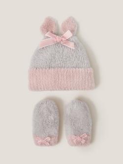 Monsoon Baby Bunny Hat and Mittens Set, Grey, Grey