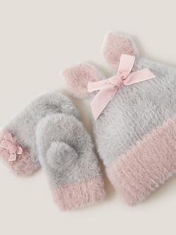 Monsoon Baby Bunny Hat and Mittens Set, Grey - view 2, Grey